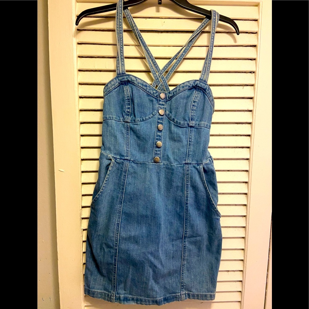 Fitted Denim Mini Dress with Pockets - Size 6